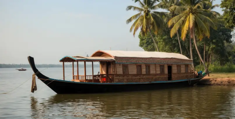 Alleppey luxury houseboat sailing through the Kerala backwaters surrounded by coconut palms