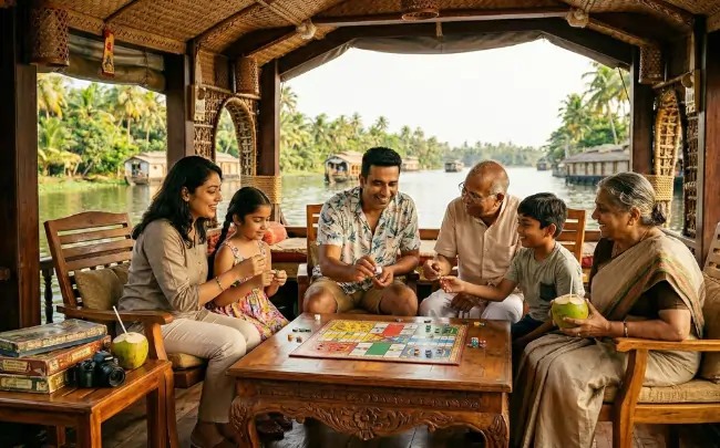 Family playing board games inside a traditional Kerala houseboat during their 2026 summer vacation