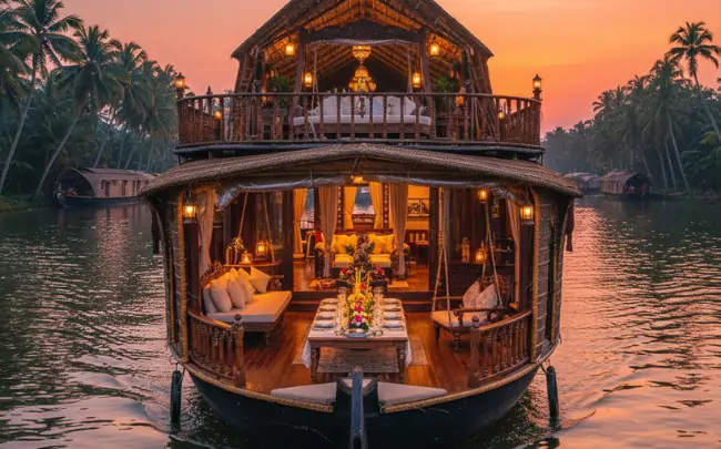 Luxurious family houseboat in Alleppey with dining setup and warm lighting cruising through the Kerala backwaters at sunset.