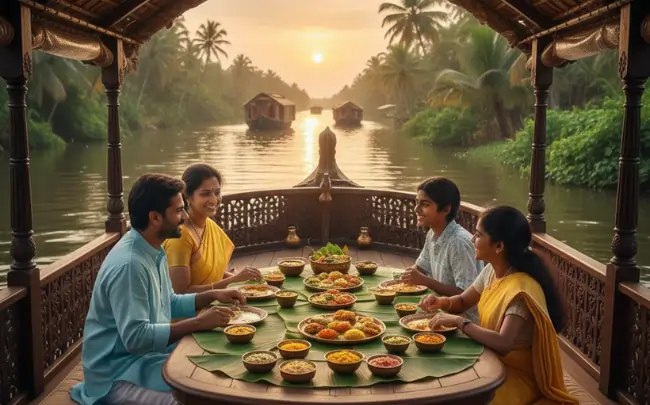 Family having a traditional Kerala meal on a luxury Alleppey houseboat during a sunset cruise through the backwaters.